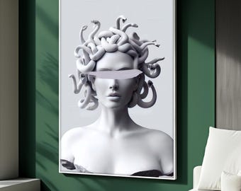 Medusa Canvas Art, Modern Greek Mythology Woman Print, Minimal Gray White Decor, Medusa Wall Art, Contemporary Artwork, Perfect Gift
