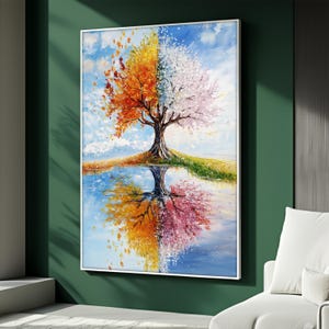 Può includere: Un dipinto a olio incorniciato raffigura un albero diviso in quattro stagioni: autunno, inverno, primavera ed estate. Il riflesso dell'albero nell'acqua sottostante rispecchia i cambiamenti stagionali, con colori vivaci di arancione, bianco, rosa e giallo.