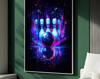 May include: A vibrant, neon-style artwork featuring a bowling ball and pins. The pins are light blue with purple accents, and the ball is a dark blue. The background is black with splashes of pink, blue, and purple, creating a dynamic, energetic feel. The image is framed in white.