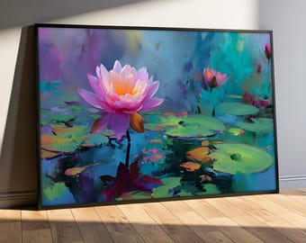 Colorful Lotus Canvas Painting, Vibrant Water Lily Art with Lilypads, Floral Nature Wall Decor, Zen Pond Artwork, Spiritual Gift