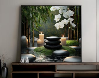 Zen Candle and Orchid Canvas Painting, Tranquil Spa Stones Wall Art, Bamboo Nature Scene, Peaceful Decor Gift for Meditation Room