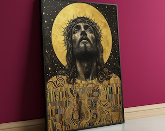 Jesus Christus Leinwand Gemälde, Klimt Stil religiöse Wandkunst mit goldenem Heiligenschein, spirituelles christliches Dekor für Haus oder Kapelle, spirituelles Geschenk