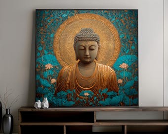 Buddha Canvas Painting, Golden Serenity Art Print with Lotus Details, Stylish Meditation Wall Decor, Zen Home Accent, Unique Art Gift