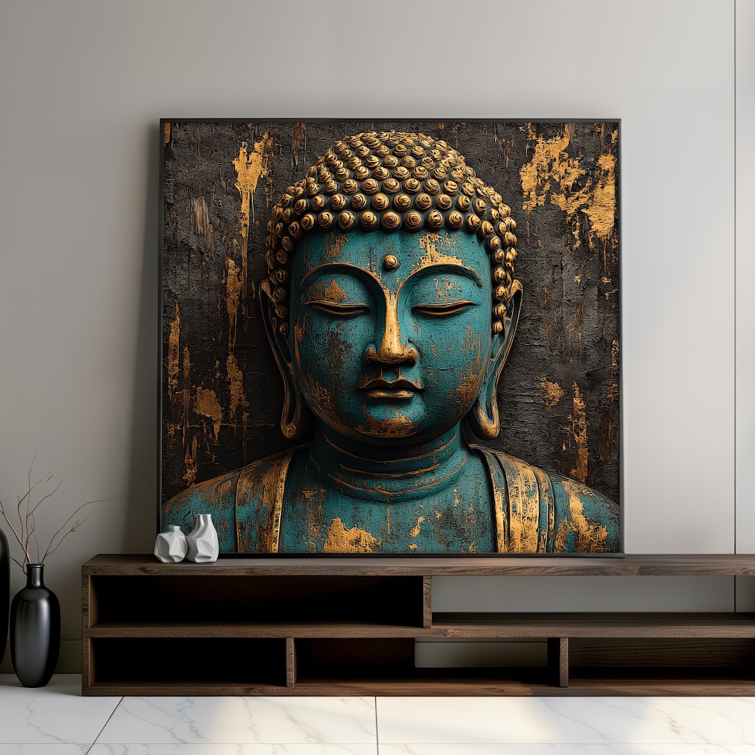 Teal and Gold Buddha Canvas Art, Serene Zen Wall Art, Asian Spiritual ...