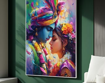 Radha Krishna Leinwand Wandkunst, Hindu Liebe Farbe, spirituelle indische Paar Kunstwerk, bunte Krishna Radha Kunst, fertig zum Aufhängen, Geschenk für Kunstliebhaber