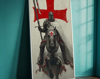 Templar Knight Canvas Painting, Crusader on Horse with Red Cross Flag, Medieval Warrior Wall Art for History Lovers, Religious Gift