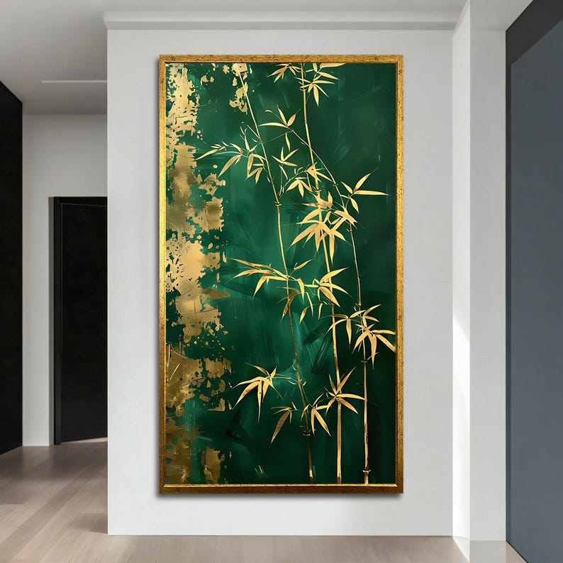 May include: A framed vertical painting featuring a bamboo design. The artwork showcases gold bamboo stalks and leaves against a deep green background. Gold leaf accents add texture and visual interest to the abstract art piece.