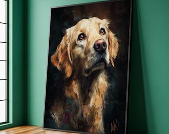 May include: A framed portrait of a Golden Retriever dog. The artwork features a detailed painting style with a focus on the dog's face, showcasing its light brown fur, brown eyes, and pink nose. The background is dark, emphasizing the dog's features.