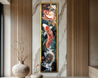 Red Koi Fish Canvas Painting, Japanese Zen Wall Art with Peony Flowers, Lucky Feng Shui Gift, Oriental Home Decor, Narrow Wall Print