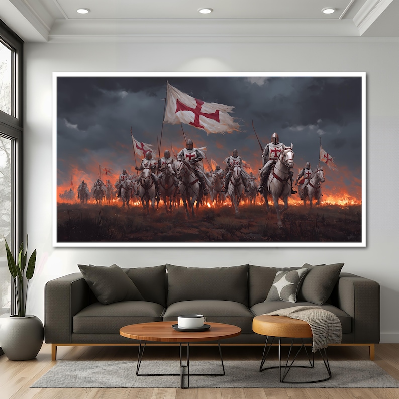 Knight Templar Canvas Painting, Crusader Army Wall Art With Fire and ...