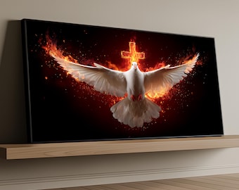 Holy Spirit Dove Canvas Painting, Fiery Cross Christian Wall Art, Faith Inspired Religious Home Decor, Modern Spiritual Artwork Gift