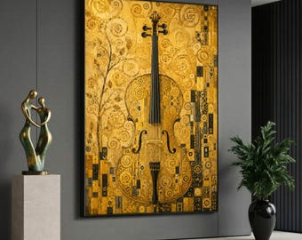 May include: A large rectangular wall art piece featuring a golden violin illustration with intricate swirling patterns and geometric black accents. The artwork is displayed on a dark gray wall next to a bronze abstract sculpture and a green plant.