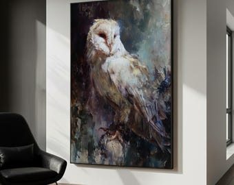 Elegant White Owl Canvas Painting, Mystical Bird Wall Art, Moody Animal Decor, Modern Wildlife Artwork, Ready to Hang Art, Perfect Gift