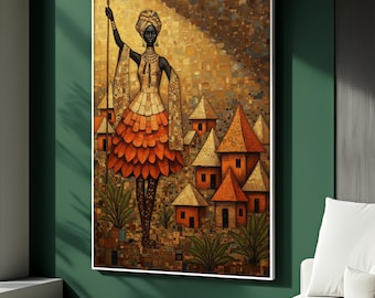 African Tribal Woman Canvas Painting, Golden Village Wall Art, Ethnic Home Decor, Cultural Art Gift, Elegant African Style Artwork