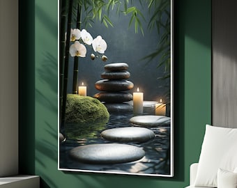 Spa Zen Canvastavla i levande ljus, lugn bambuväggkonst med stenar och orkidéer, lugnande naturdekor, perfekt present