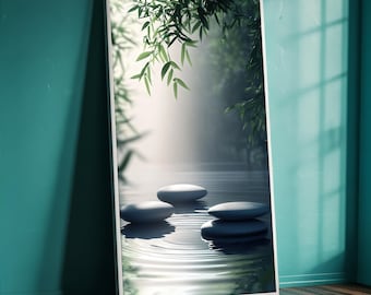 Zen Stones and Bamboo Reflection Canvas Painting, Minimalist Wall Art for Spa Decor, Ready to Hang, Chic Bathroom Decor, Tranquil Water Gift