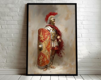 May include: Framed artwork depicting a Roman legionary in full armor. The soldier stands with a red shield and cape, a golden helmet with a red plume, and detailed silver and gold armor. The background has a soft, painterly effect.
