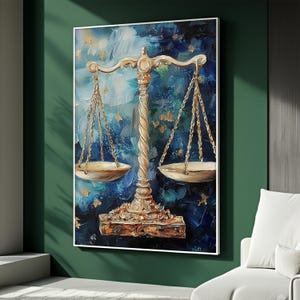 Canvastavla med Vågen, väggkonst med rättvisevåg, zodiakens Vågen-konstverk, modern astrologidekor, guldblå canvastavla, andlig gåva