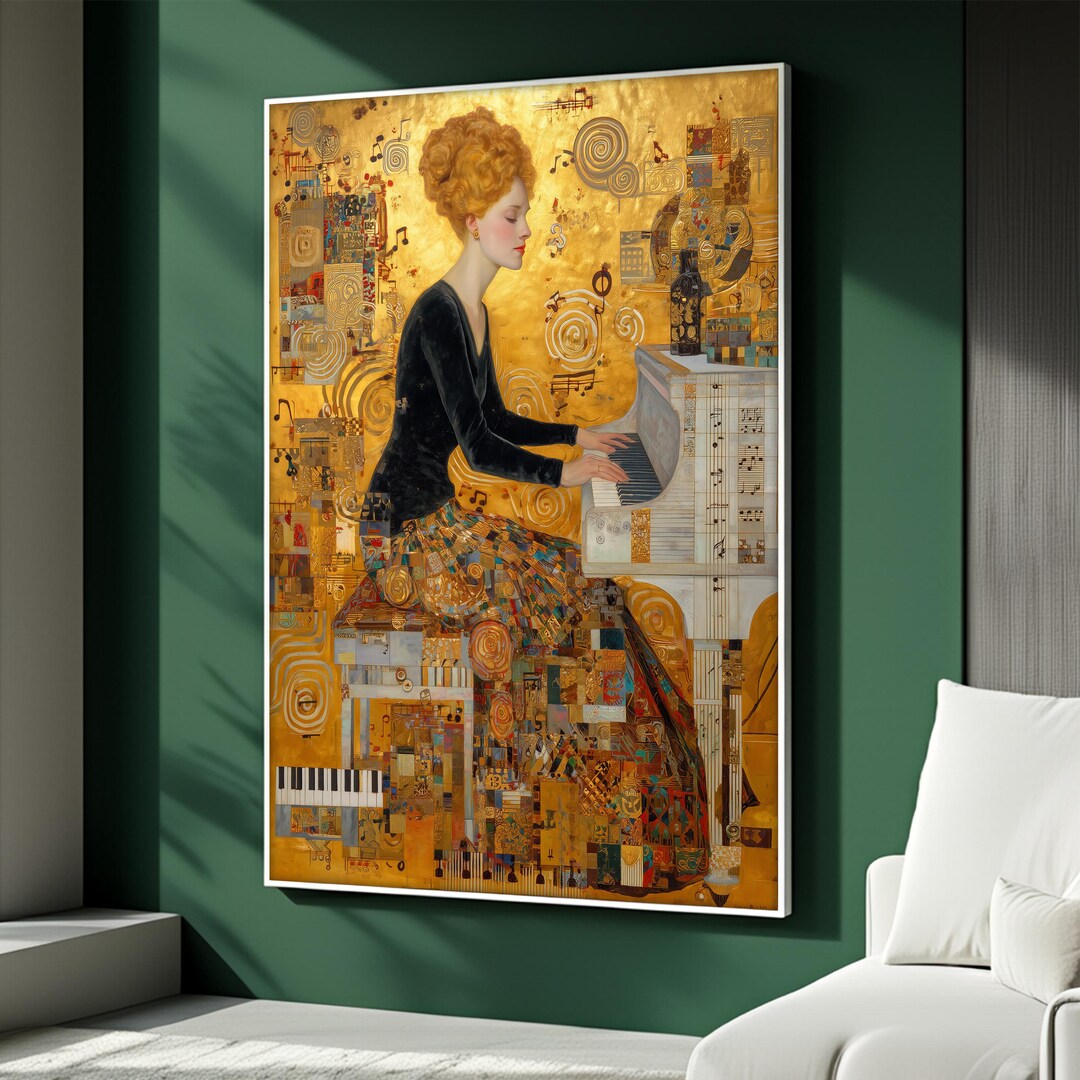 Klimt Style Woman Playing Piano Art Print, Golden Music Theme Canvas ...