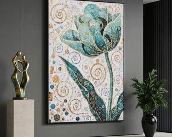 May include: A large rectangular wall art piece featuring a stylised teal and blue tulip with intricate gold swirl patterns on a white marble-like background. The artwork is displayed on a dark grey wall next to a bronze abstract sculpture.