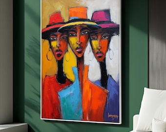 African Women Canvas Painting, Colorful Abstract Portrait Wall Art, Vibrant Afro Lady Artwork, Modern Expressionist Decor, Unique Gift