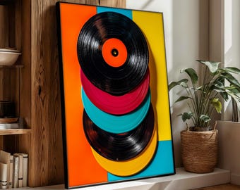 Colorful Vinyl Records Canvas Painting, Retro Pop Art Music Decor