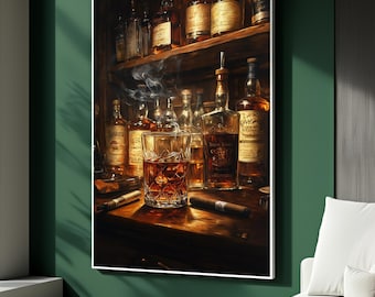 May include: A framed print of a bar scene with bottles of liquor on shelves and a glass of whiskey with ice. Two cigars are on the wooden bar. Smoke rises from the glass. The artwork is displayed on a green wall.