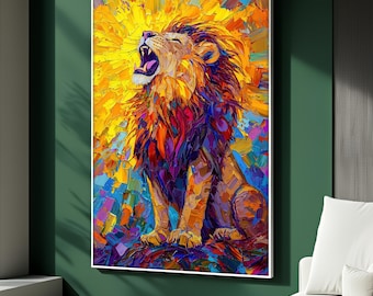 Colorful Lion Canvas Painting, Powerful Lion Wall Art, Abstract Animal Decor, Modern Wildlife Artwork, Bold Home Decor, Perfect Gift