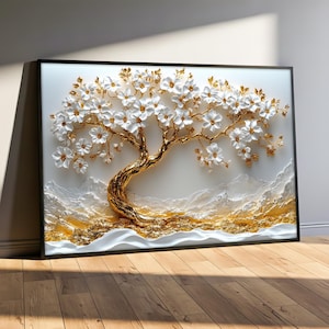 May include: A framed wall art piece featuring a 3D relief of a tree with white blossoms and gold-colored branches and trunk. The artwork has a white background with textured, gold and white accents, and is set in a black frame.
