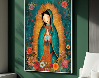 Virgin Mary Canvas Painting, Our Lady of Guadalupe Wall Art, Colorful Religious Decor, Spiritual Catholic Artwork, Perfect Gift