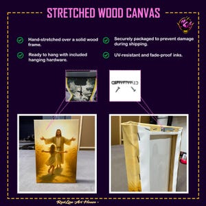 May include: Stretched wood canvas art featuring a religious scene with a figure and a child. The canvas is hand-stretched over a solid wood frame and includes hanging hardware. The image also shows the back of the canvas and the included hardware.