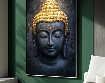 Dark Blue And Gold Buddha Canvas Painting, Luxury Zen Wall Art For Living Room, Spiritual Decor With Calm Energy, Unique Gift