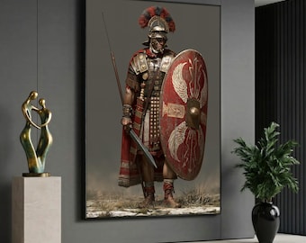 Roman Soldier Canvas Wall Art, Ancient Warrior Painting, Gladiator Style Decor, Masculine Office Gift, Home Decoration, Historical Artwork