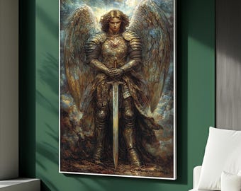 May include: A framed artwork depicting a celestial figure in golden armor, holding a sword. The figure has large, detailed wings and stands against a backdrop of clouds. The artwork is displayed on a green wall.