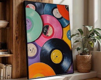 Colorful Vinyl Records Wall Art, Retro Music Canvas Painting, Vibrant Record Collection Print, Music Room Decor, Gift for Studio Decor