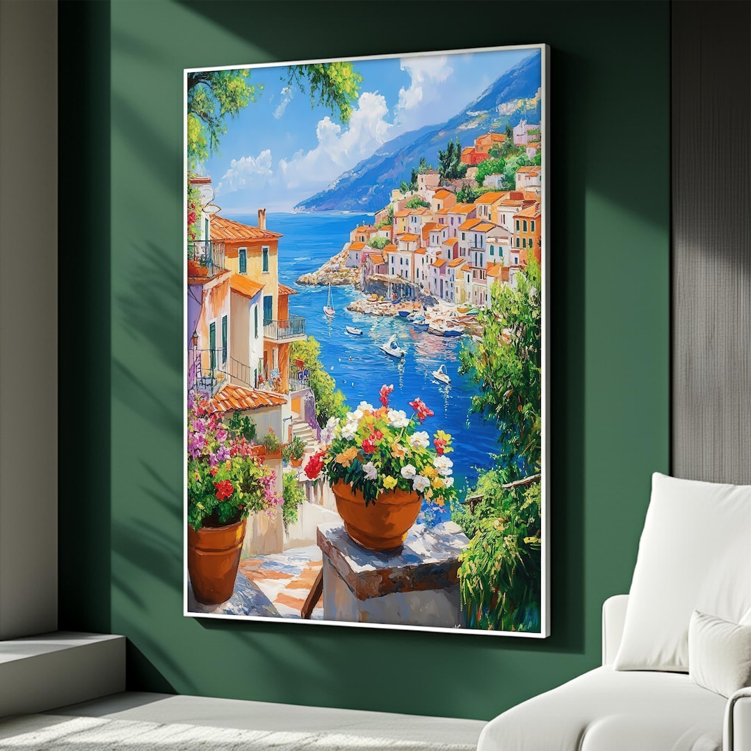 Mediterranean Coastal Canvas Wall Art, Colorful Seaside Painting ...
