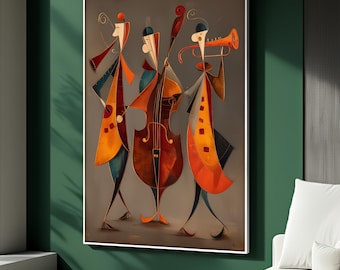 Abstracte canvaskunst jazzband, kleurrijke muzikant schilderij voor woonkamer, decor modern instrument, abstracte muurkunst, levendige kunst cadeau