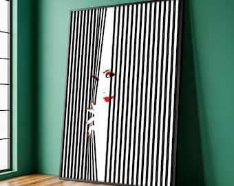 Black White Striped Woman Face Canvas Wall Art, Optical Illusion Woman Portrait, Modern Minimalist Pop Art Print, Contemporary Fashion Gift