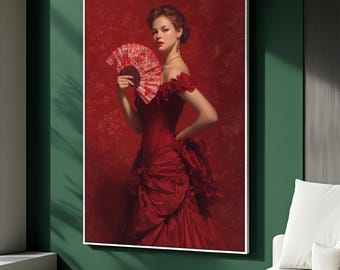 Lady in Red Victorian Dress Canvas  Elegant Woman in Wide-brim Hat,  Vintage Oil Painting Portrait With Timeless Antique Charm - Etsy