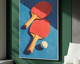 Tafeltennis canvas schilderij, kunst aan de muur tafeltennis, peddel en bal, sportkamer decor, retro game-kunstwerk, modern design, kunst cadeau-idee