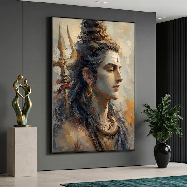 Shiva Portrait Canvas Painting, Hindu Deity Print, Indian Spiritual Wall Decor, Trident Artwork, Yoga Room Art, Sacred Gift for Home