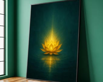Dipinto su tela con loto dorato, arte murale zen spirituale per sala di meditazione, opera d'arte floreale illuminata, arredamento per la casa tranquillo, regalo d'arte rilassante