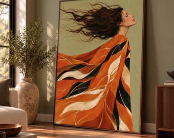 Flowing Hair Woman Painting, Orange Abstract Dress Canvas Print, Feminine Portrait Wall Art, Boho Fashion Artwork, Modern Room Art Gift