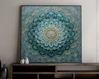 Blaugrüne Mandala Leinwand Gemälde, Komplizierte Blumen Wand Kunst, Heilige Geometrie Dekor für Wohnzimmer, Boho Spirituelles Geschenk, fertig zum Aufhängen