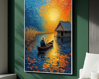 Dipinto su tela con tramonto sul lago, tranquilla decorazione murale con barca, paesaggio naturale colorato per soggiorno, arredamento rilassante per la casa, regalo unico
