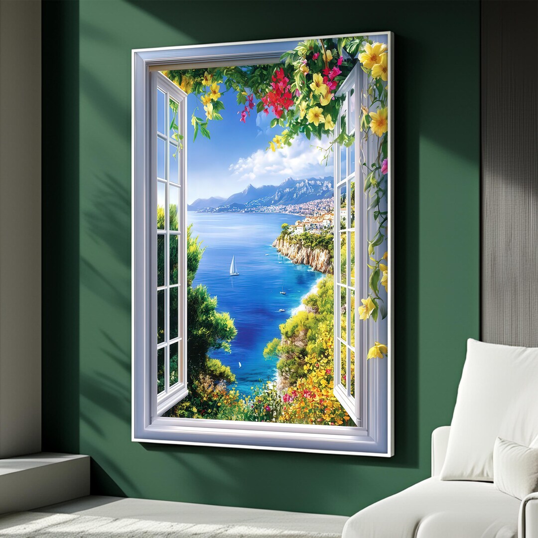 Mediterranean Sea View Wall Art, Open Window Coastal Canvas Painting ...