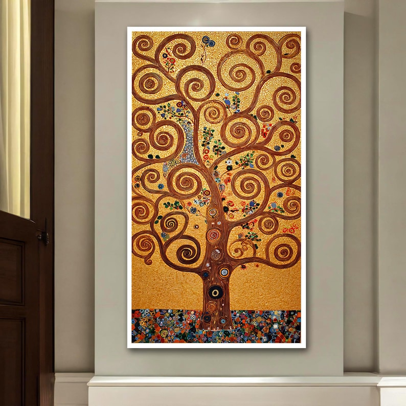 Gustav Klimt Tree of Life Inspired Canvas Painting, Golden Spiral Wall ...