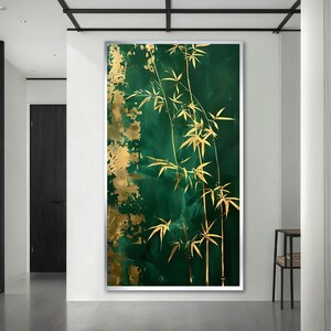 May include: A large framed artwork featuring a bamboo design. The background is a deep emerald green with gold leaf accents. The bamboo stalks and leaves are rendered in gold, creating a striking contrast.