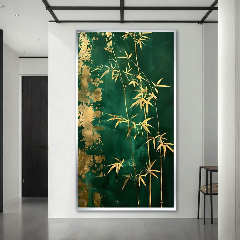 May include: A large framed artwork featuring a bamboo design. The background is a deep emerald green with gold leaf accents. The bamboo stalks and leaves are rendered in gold, creating a striking contrast.