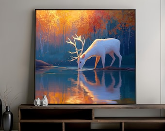Forest Deer Art Print, Autumn Woodland Scene with Reflections, Elegant Wildlife Canvas Painting, Nature Wall Decor, Perfect Gift